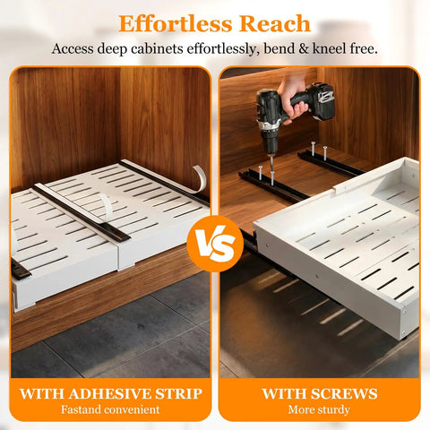 Built Tough Pull Out Cabinet Organizer For Kitchen, No Fuss Mounting With Ultra Strong Adhesive For Pots Pans Spices, Smooth Gliding Expandable Drawer Shelves, Heavy Duty 2 Pack comparison of installation methods with adhesive strip and screws.