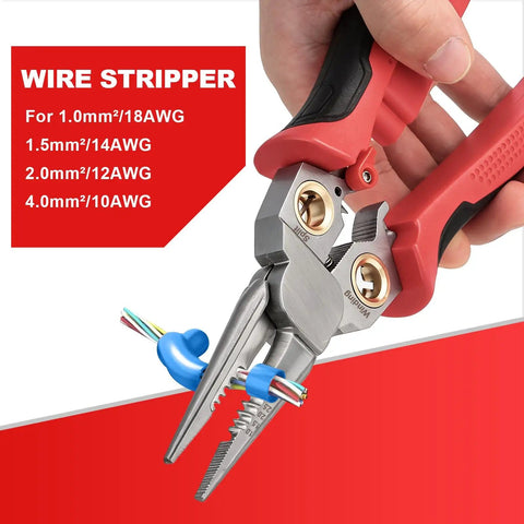8-In-1 Wire Stripping Pliers With Voltage Tester For Live And Neutral Wires 12-250V close-up showing needle nose and wire cutter