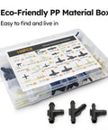 159-piece automotive vacuum connector kit in clear storage box; includes black plastic tee connectors in 1/8–3/8 inch sizes.