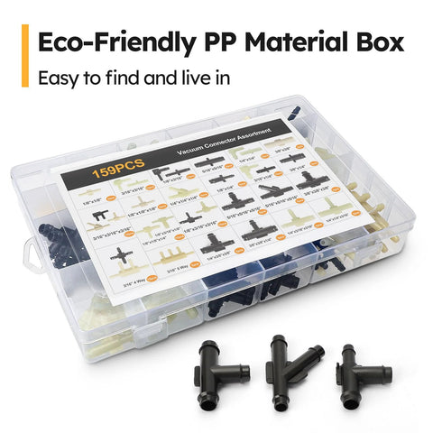 159-piece automotive vacuum connector kit in clear storage box; includes black plastic tee connectors in 1/8–3/8 inch sizes.