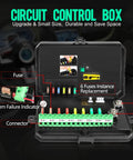 8 Gang Switch Panel For Trucks Boats ATVs UTVs SUVs Caravans And Marine Slim Waterproof LED On Off Panel 12 24V showing open circuit control box with labeled components.