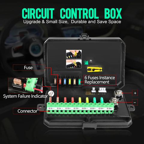 8 Gang Switch Panel For Trucks Boats ATVs UTVs SUVs Caravans And Marine Slim Waterproof LED On Off Panel 12 24V showing open circuit control box with labeled components.