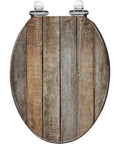 Toilet Seat Elongated Resin for Bathroom with a wooden planks design, suitable for elongated toilets, featuring chrome fittings.