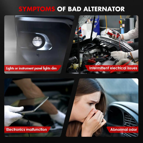 Infographic showing symptoms of a bad alternator: dim lights, electrical issues, electronics malfunction, abnormal odor.