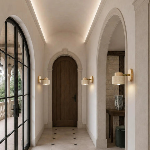 IPEDWO Yellow Travertine Wall Sconce with Natural Wood,4.7" Single Sconce in hallway featuring warm light and wooden accents.