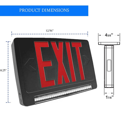 Ultra Bright Battery-Backed LED Exit Sign With Indoor Emergency Lighting And Chevron Arrow, dimensions in inches, black housing