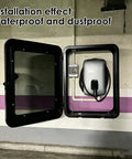 Heavy Duty EV Charger Enclosure Wall Mount Station Box With IP65 Waterproof Rain Protection And Kickass Weatherproof Steel Housing For Electric Vehicles Black installed open view showing charger and steel housing.