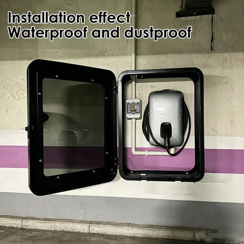 Heavy Duty EV Charger Enclosure Wall Mount Station Box With IP65 Waterproof Rain Protection And Kickass Weatherproof Steel Housing For Electric Vehicles Black installed open view showing charger and steel housing.