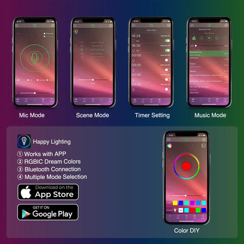 Lit Dream Color RGB-IC USB Interior LED Light Strips app interface showing mic, scene, timer, music, and DIY modes on a smartphone.