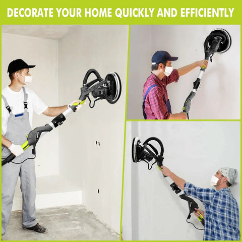Three people using Electric Drywall Sander With Vacuum Dust Collector, 9.5A 1050W, on walls, showing extendable handle and LED light