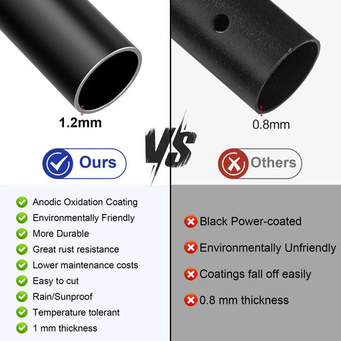 Comparison of thickness between No Sweat Setup 100 Pack 26 Inch Round Aluminum Deck Balusters and competitor's spindles.