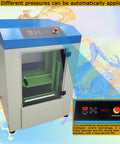 Heavy Duty Automatic Paint Shaker Mixer With No Sweat Auto Clamp And Hassle Free Timer For Quick Glue Paste Blending Up To 66 Pounds 110V Plug And Play Workshop Essentials with control panel and transparent door.