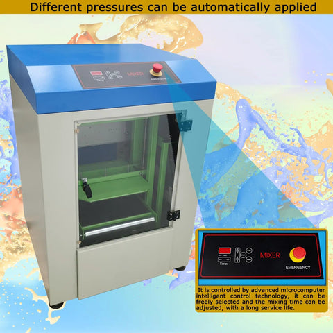 Heavy Duty Automatic Paint Shaker Mixer With No Sweat Auto Clamp And Hassle Free Timer For Quick Glue Paste Blending Up To 66 Pounds 110V Plug And Play Workshop Essentials with control panel and transparent door.