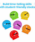 Awesome Set Of Six Rainbow Geared Mini Learning Clocks For Kids displayed in bright colors on white background