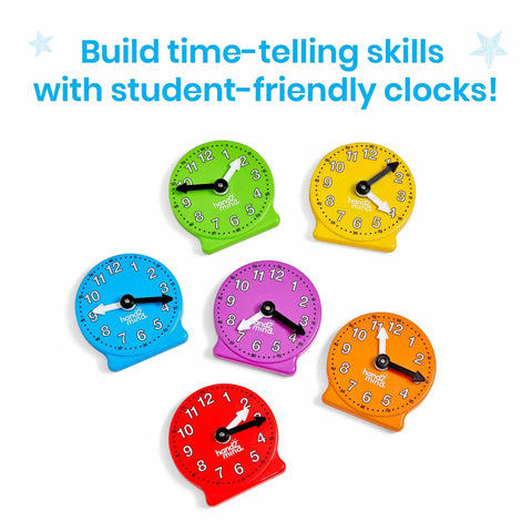 Awesome Set Of Six Rainbow Geared Mini Learning Clocks For Kids displayed in bright colors on white background