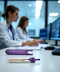 ECG Calipers Measuring Tool For Nurses And Docs with Purple Accent on desk in medical office setting.