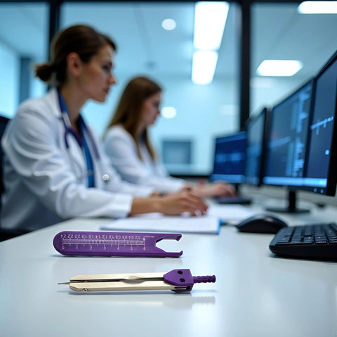 ECG Calipers Measuring Tool For Nurses And Docs with Purple Accent on desk in medical office setting.
