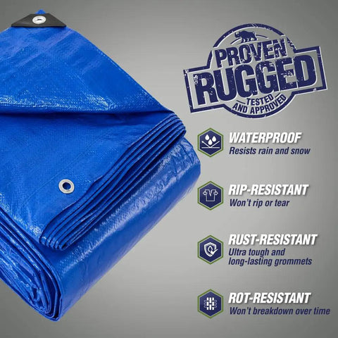 Heavy Duty Waterproof Tarp Outdoors 5 Mil 6x8 Feet With Reinforced Grommets And Corners UV Resistant Blue Folded