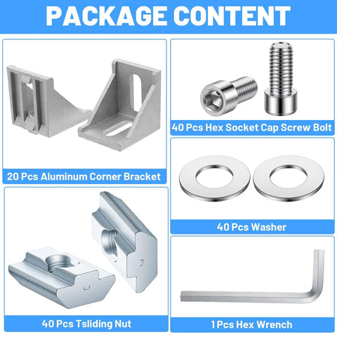 20 Piece 4040 Aluminum Extrusion Connector Kit With Corner Brackets Including 40 M8 T Slot Nuts 40 Washers And 1 Wrench Silver