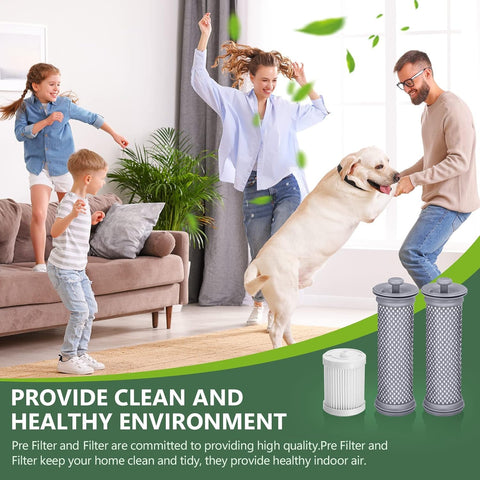 Tineco A10 A11 Vacuum Filter Replacement Kit With Washable Reusable Filters displayed beside a happy family and dog in living room.