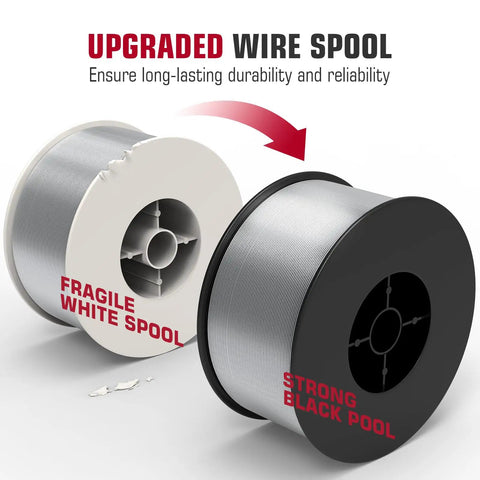 Pro Grade 0.030 Inch ER308L Stainless MIG Wire 2 Pound Spool With Low Splatter, white and black spool comparison