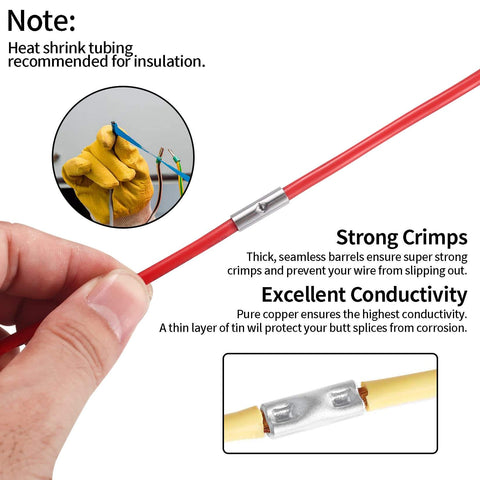 120 Pcs Non Insulated Butt Connectors For 22 To 16 Gauge Wire, showing seamless crimp ferrule terminal in use on red wire
