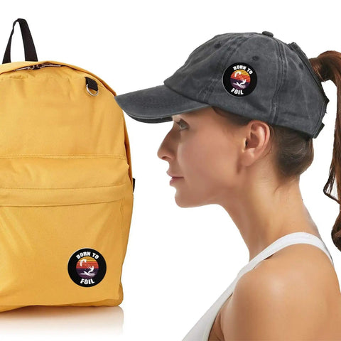 Woman wearing hat with Dope Tinplate Button Pins With Plastic Backs For Clothing And Bags Small Round Badges beside backpack