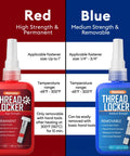Front view: Nanoxa thread locker red high-strength permanent and blue medium-strength removable, 50 ml each.
