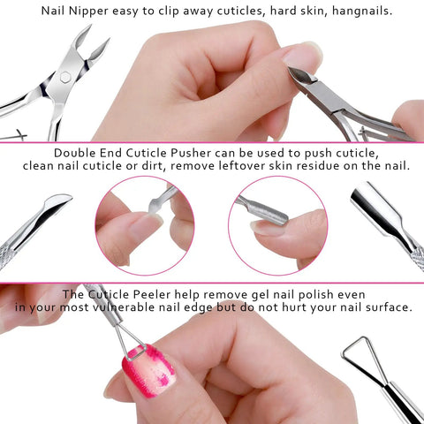 Close-up of nail care tools from All In One Nail Care Kit With Double Sided 100 180 Grit Files Buffers Cuticle Nippers Pusher Peeler