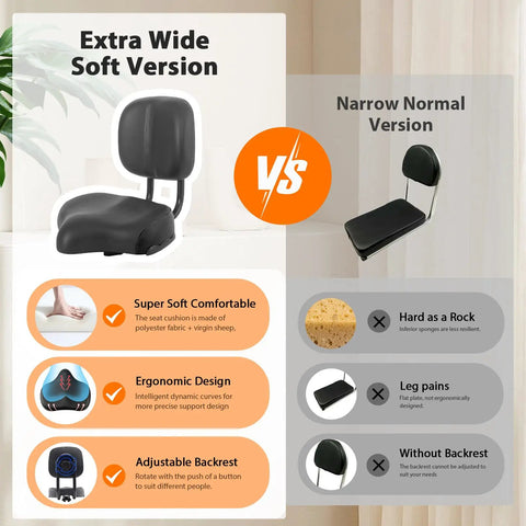 Product comparison of Oversized Bike Seat With Backrest For All Day Comfort And Easy Adjustable Height Saddle For Men And Women Wide Replacement For Tricycle Commuter City Electric Bike Mountain Road And Indoor Exercise Bikes, extra wide soft version