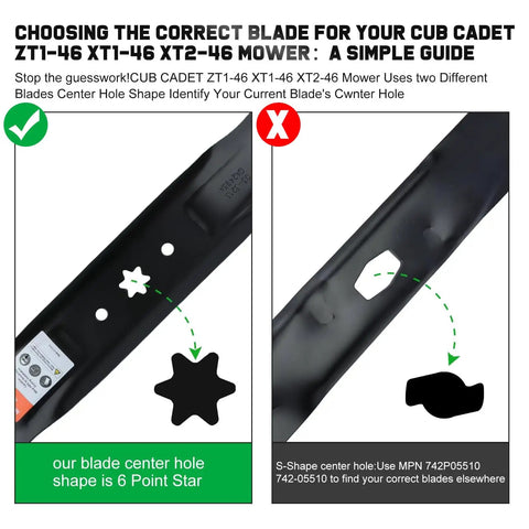 Guide on choosing the correct 46 Inch Mower Blades Replacement For Enduro XT1 46 LT46 LX46 LTX1045 LTX1046 XT2 with 6 Point Star Mounting