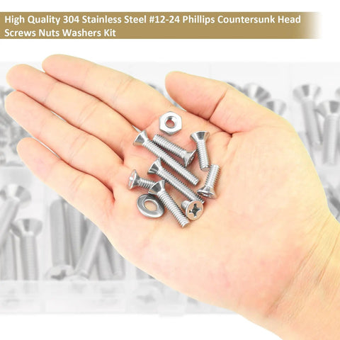 Pro Shop Tested 104 Piece 12-24 Thread Phillips Countersunk Head Machine Screw Assortment Kit Featuring Matching Hex Nuts And Flat Washers in hand.