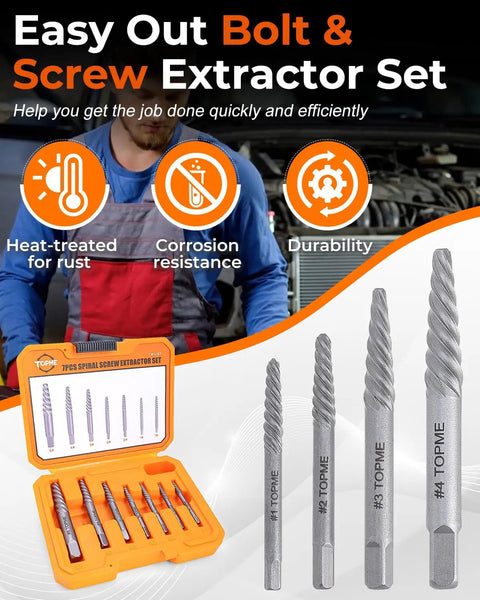 7 Piece Easy Out Screw Extractor Set for Removing Stripped Screws Damaged Screws Broken Bolts and Studs with storage case