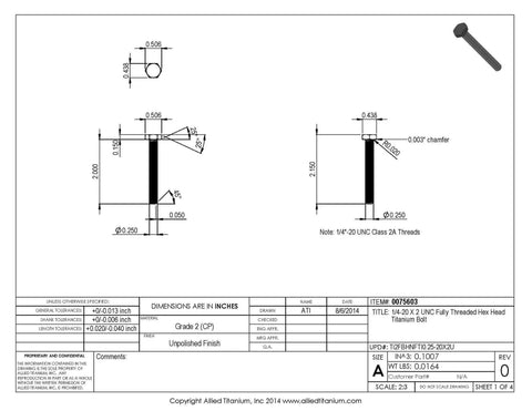Technical drawing of Pack Of 10 Grade 2 Titanium Hex Head Cap Screws One Quarter Twenty Two Inch Fully Threaded Heavy Duty Fasteners.