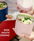 Slick Rugged Badass 25 Oz Double Wall Vacuum Insulated Food Storage Jar With Wide Mouth Leak Proof Lid Keeps Your Grub Scalding Hot Ten Hours Or Ice Cold Sixteen Hours Matte Black showing wide mouth opening with healthy food.