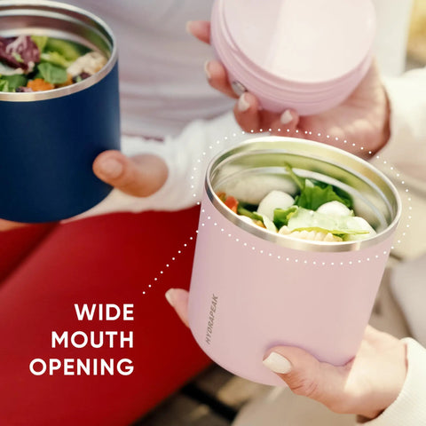 Slick Rugged Badass 25 Oz Double Wall Vacuum Insulated Food Storage Jar With Wide Mouth Leak Proof Lid Keeps Your Grub Scalding Hot Ten Hours Or Ice Cold Sixteen Hours Matte Black showing wide mouth opening with healthy food.