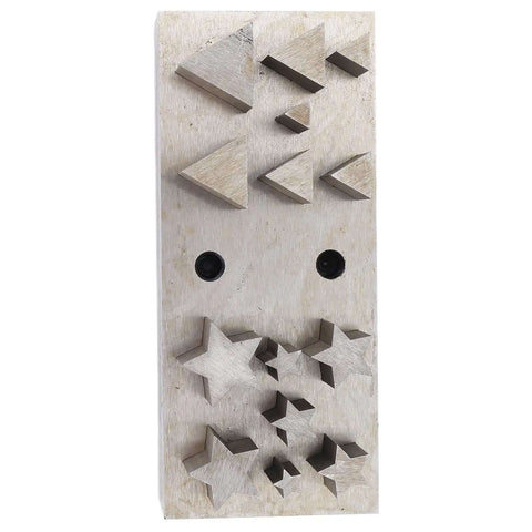 Pro Grade Jewelry Punch Die Disc Cutter Set With Assorted Shapes And Sizes showing triangular and star-shaped steel dies