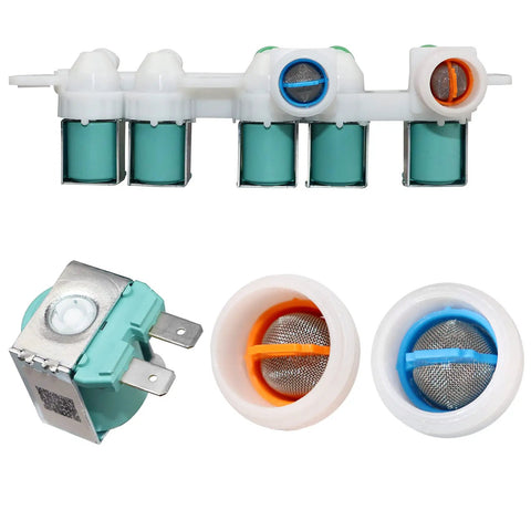Samsung Washer Water Inlet Valve Assembly Upgrade with ABS material, five inlets, close-up view, durable design.