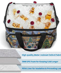 Insulated Picnic Backpack Tote Bag 30L Large Capacity Go To Cooler with ice and drinks, Christmas themed town style visible