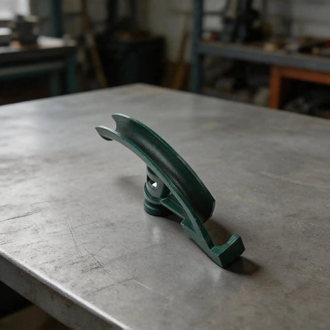 Heavy Duty Hand Bender For Copper Pipe And Conduit Tube, green steel bender on metal table, designed for precision bending.