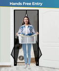 Woman with laundry basket using Self Sealing Magnetic Screen Door for Pets And Kids With Hands Free Entry Keeps Bugs Out Heavy Duty Mesh
