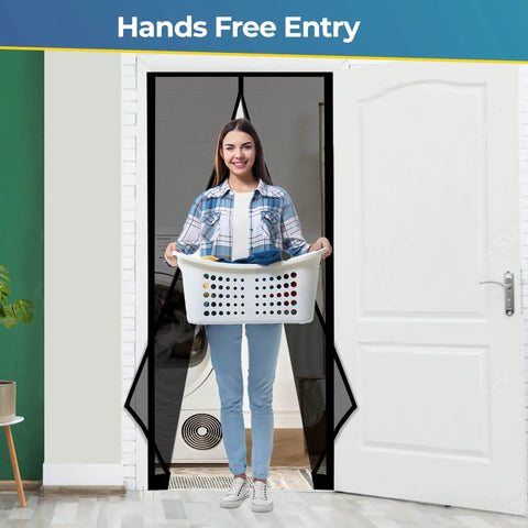 Woman with laundry basket using Self Sealing Magnetic Screen Door for Pets And Kids With Hands Free Entry Keeps Bugs Out Heavy Duty Mesh
