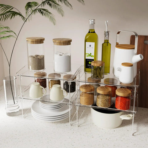 Heavy Duty 2 Pack Stackable Kitchen Counter Spice Rack And Cabinet Organizer Shelf Featuring Clear Plastic Base With Sturdy Stainless Steel Supports For Pantry Bathroom Vanity Organization That Truly Slaps with spices and jars.