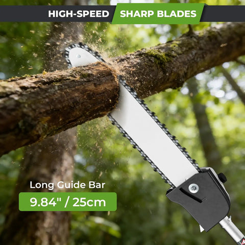 Close-up of pole saw from 6 In 1 Backpack Gas Powered Weed Eater Kit With 52cc 2 Stroke Engine cutting tree branch.