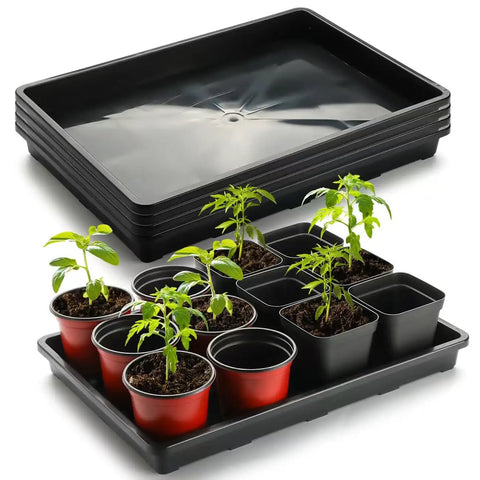 Five Pack Nursery Plant Trays For Potting And Seed Starting Heavy Duty Drainage Water Catcher Trays Large 17.3 By 11.8 Inches Without Holes Black For All Planting Needs shown with seedlings in pots