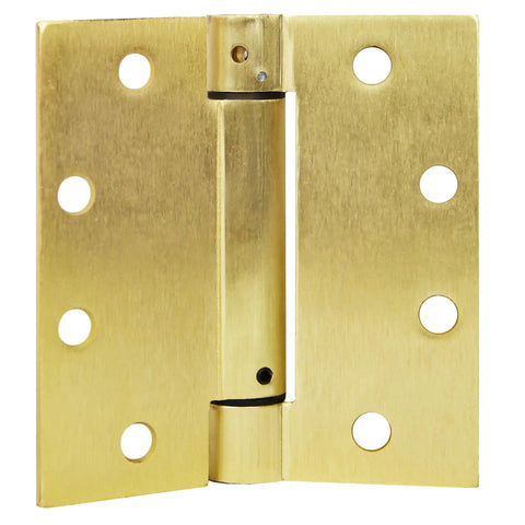 Heavy Duty 4.5 Inch Spring Hinge For Interior And Exterior Doors Delivers Automatic Self Closing Performance with a satin brass finish.