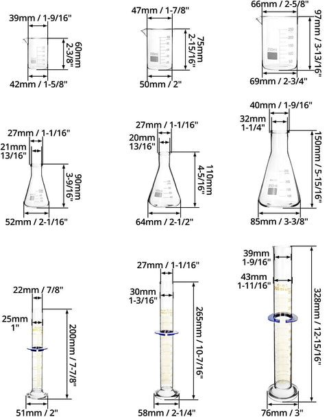 9 Piece Borosilicate Glass Labware Set With Beakers Erlenmeyer Flasks And Graduated Cylinders Heat Resistant Chemistry Gear With Clear Markings For Easy Reading And Durable Build, dimensions shown for each item