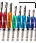 K Kwokker self-centering drill bit set with color-coded hex-shank bits (5mm–1/4in), includes L-key