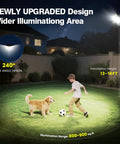 Heavy Duty 4 Pack Solar Street Lights Outdoor Waterproof Rock Solid Motion Sensor Floodlights With Dusk To Dawn And Remote Control in action with boy and dog, showing 240° illumination.