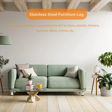 Living room with green sofa using 4 Pack Adjustable Stainless Steel Furniture Legs 2 Inch Round Metal Feet For Coffee Tables Cabinets Desks Sofas And Shelves With Screws Driver And Non Slip Pads Height Adjustable From 10cm To 11.5cm.